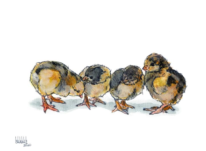 Painting titled "QUATRE POUSSINS" by Barake Sculptor, Original Artwork, Watercolor