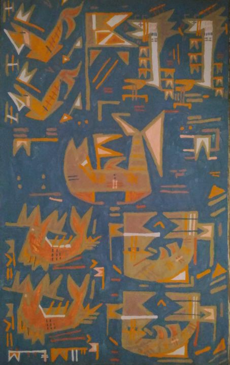 Painting titled "Fish and flags" by Katia Bondar, Original Artwork, Acrylic Mounted on Wood Panel