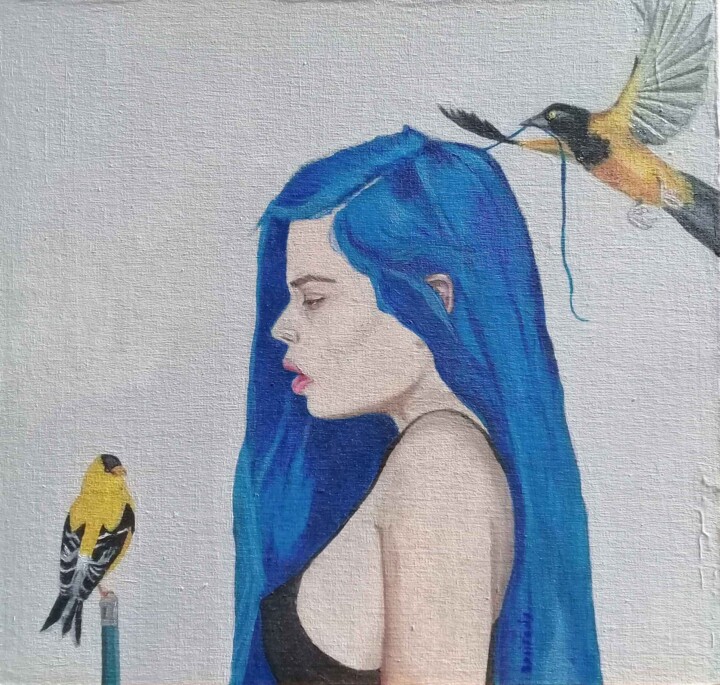 Peinture intitulée "Mujer con pájaro" par Bonifacio Contreras, Œuvre d'art originale, Huile