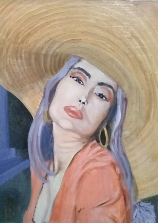 Pintura titulada "Mujer con sombrero" por Bonifacio Contreras, Obra de arte original, Oleo