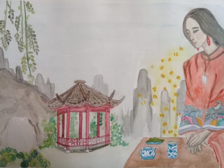 Painting titled "Té chino" by Bonifacio Contreras, Original Artwork, Watercolor
