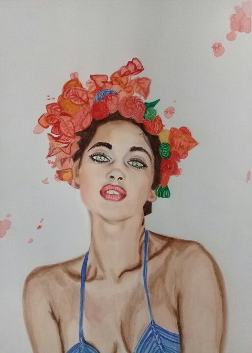 Malarstwo zatytułowany „Cara de flor.” autorstwa Bonifacio Contreras, Oryginalna praca, Akwarela
