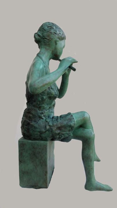 Sculpture titled "La flutiste aux pie…" by Line Bonnef, Original Artwork, Bronze
