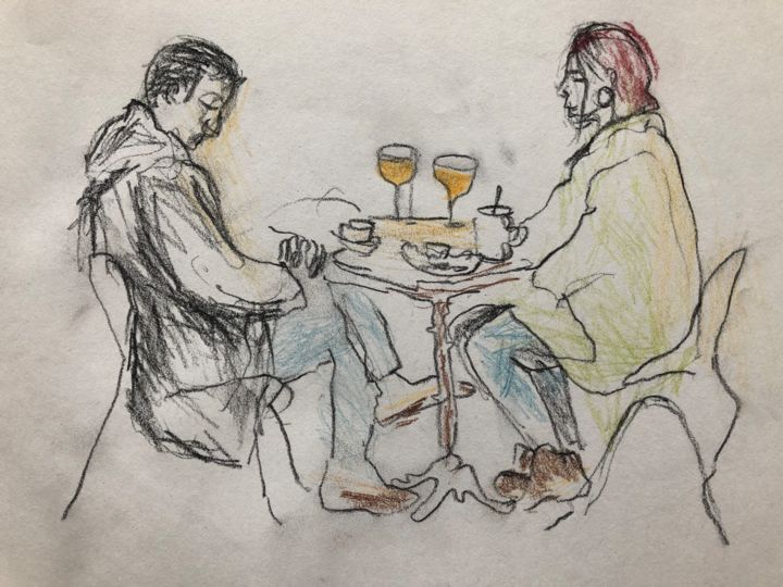 Drawing titled "Couple café parisien" by Charlotte Bonnet, Original Artwork, Pencil