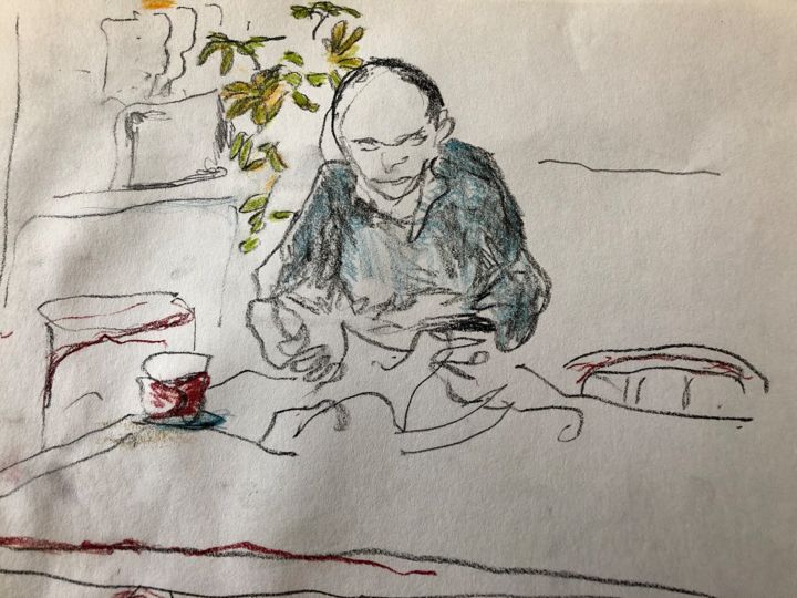 Dessin intitulée "Homme lisant au café" par Charlotte Bonnet, Œuvre d'art originale, Crayon