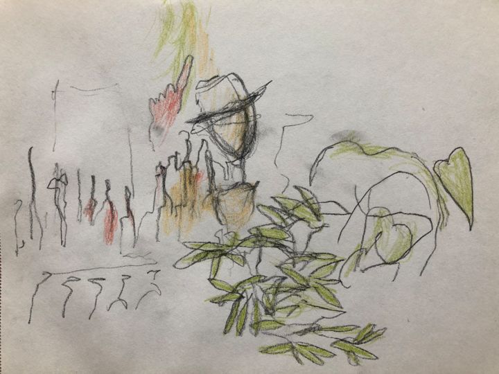 Drawing titled "Chapeau et plantes…" by Charlotte Bonnet, Original Artwork, Pencil