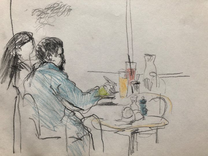 Drawing titled "Coffee in Paris pla…" by Charlotte Bonnet, Original Artwork, Pencil