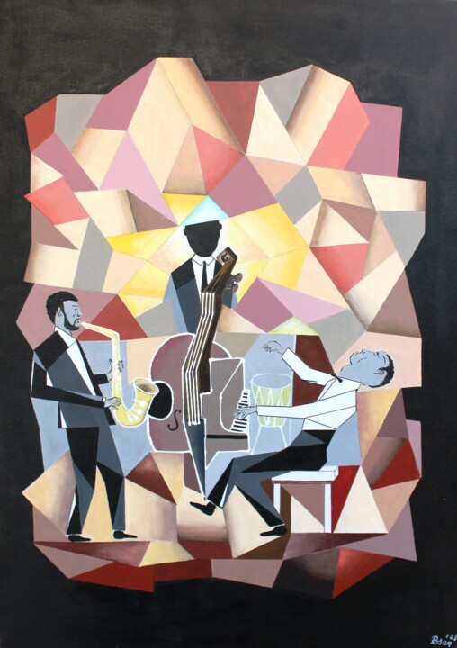 Painting titled "Jazz Band" by Bonsanthy, Original Artwork, Acrylic Mounted on Cardboard