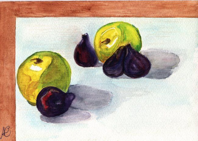 Painting titled "Figues et pommes" by Sylvie Chatenet, Original Artwork