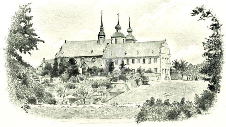 Drawing titled "Kloster Kamp" by Boosartigkeiten Von Hans Boos, Original Artwork, Graphite