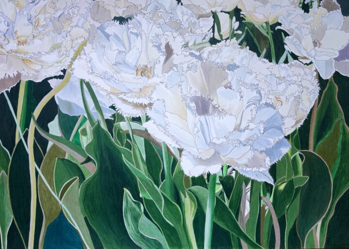 Dessin intitulée "Champ de tulipes so…" par Sandrine Borgniet, Œuvre d'art originale, Crayon