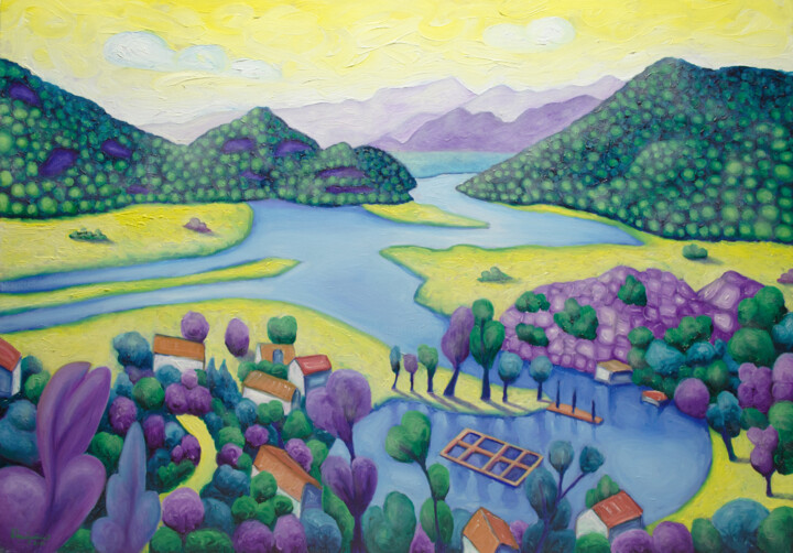 Painting titled "Lake Skadar" by Boris Subotic, Original Artwork, Oil Mounted on Wood Stretcher frame