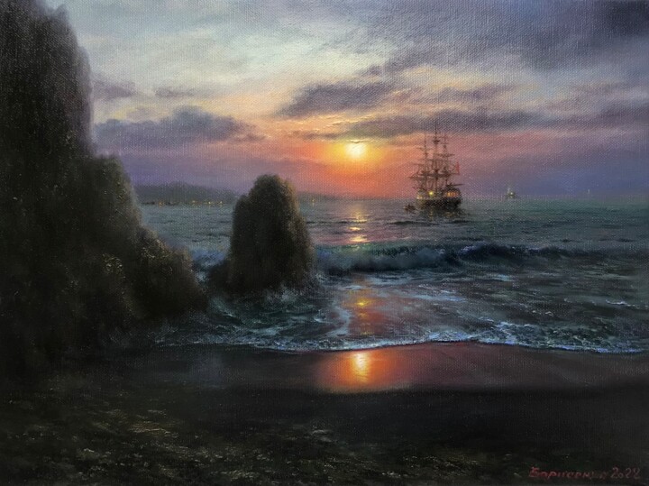 Painting titled "«Вечер»" by Aleksandr Borisenko, Original Artwork, Oil Mounted on Wood Stretcher frame