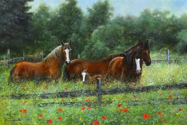 Painting titled ""Les chevaux"" by Aleksandr Borisenko, Original Artwork, Oil Mounted on Wood Stretcher frame