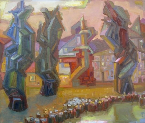 Картина под названием "Деревья и архитекту…" - Boris Kotov, Подлинное произведение искусства, Масло