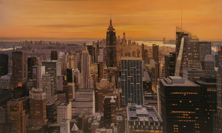 Painting titled "New York at nightfa…" by Borja Isbert, Original Artwork, Oil Mounted on Wood Stretcher frame