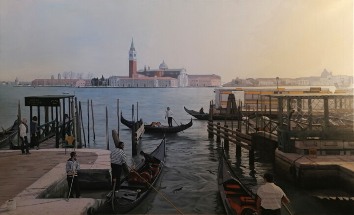 Painting titled "Gondola pier" by Borja Isbert, Original Artwork, Oil