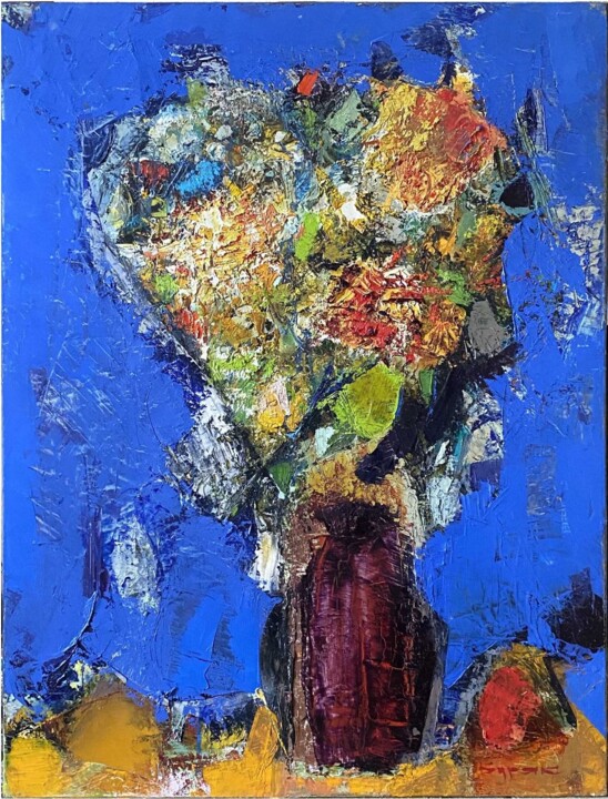 Schilderij getiteld "Blumen in der Vase" door Borys Buryak, Origineel Kunstwerk, Olie