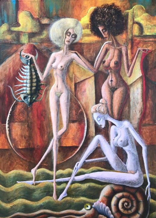 Malerei mit dem Titel "Naked bathers on th…" von Borys Shelegov, Original-Kunstwerk, Acryl