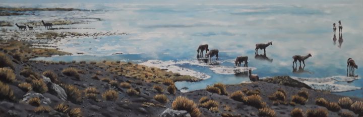 Painting titled "Lamas en bord de mer" by Mel Ista, Original Artwork, Acrylic
