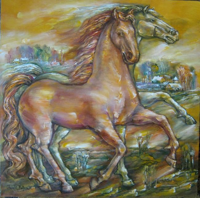 Painting titled "''Horses On The Run…" by Botan Gheo-Vlad, Original Artwork, Oil