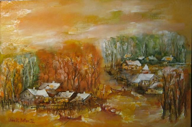 Painting titled "''Danube Delta in A…" by Botan Gheo-Vlad, Original Artwork, Oil