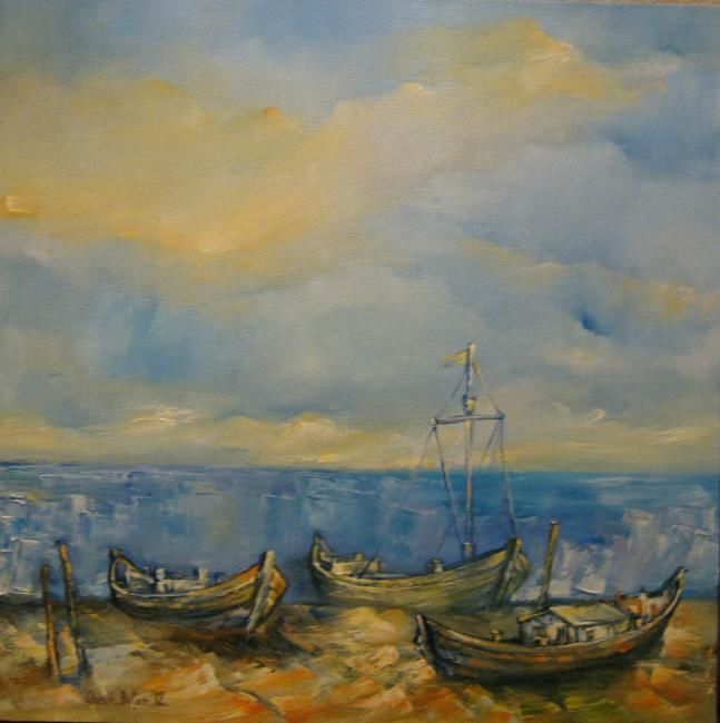 Peinture intitulée "''Fisherman's Boats…" par Botan Gheo-Vlad, Œuvre d'art originale, Huile