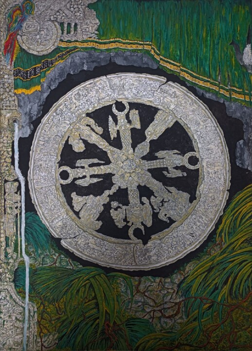 Painting titled "La roue maya" by Alin Eduard Botez, Original Artwork, Tempera