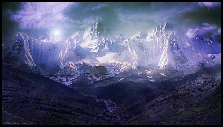Digital Arts titled "mountains-waterfall…" by Bossteck, Original Artwork