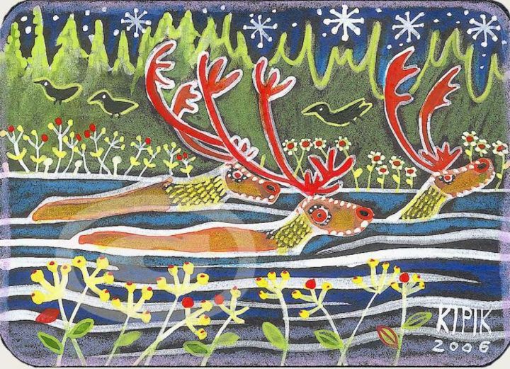 Pintura titulada "caribou crossing" por Kipik, Obra de arte original