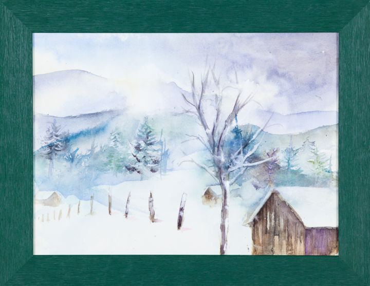 Painting titled "Paysage enneigé" by Greensleeves, Original Artwork, Watercolor Mounted on Cardboard