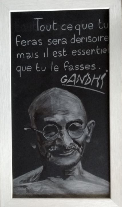 Painting titled "Gandhi" by Greensleeves, Original Artwork, Conté Mounted on Cardboard