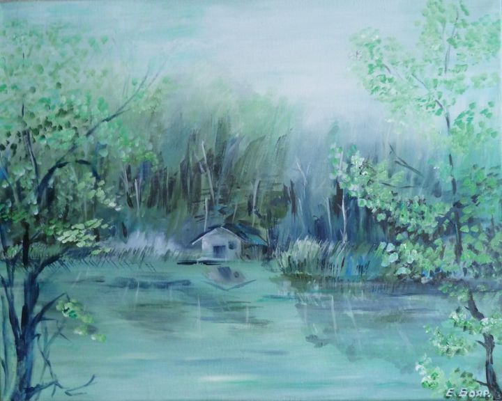 Malarstwo zatytułowany „Черепашье озеро” autorstwa Elena Boyarintseva, Oryginalna praca, Akryl Zamontowany na Drewniana rama…