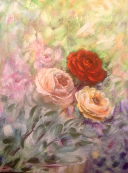 Картина под названием "Розы" - Elena Boyarintseva, Подлинное произведение искусства, Акрил Установлен на картон