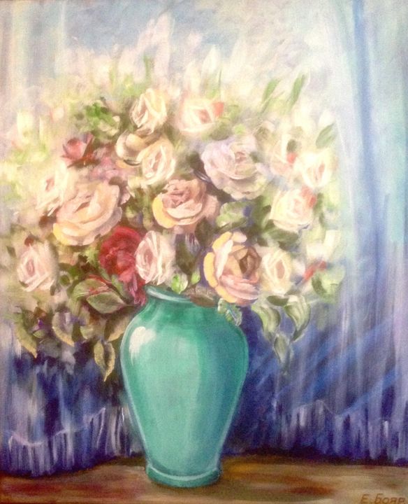 「Букет роз」というタイトルの絵画 Elena Boyarintsevaによって, オリジナルのアートワーク, アクリル ウッドストレッチャーフレームにマウント