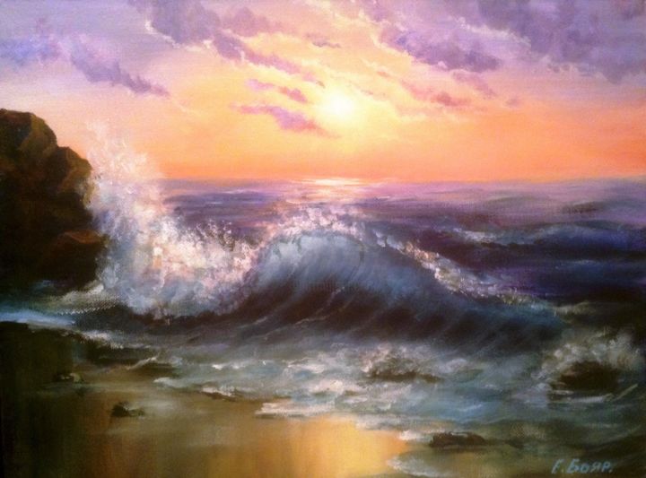 Peinture intitulée "Закат у моря" par Elena Boyarintseva, Œuvre d'art originale, Acrylique Monté sur Carton