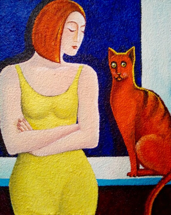 Картина под названием "Рыжая девушка с рыж…" - Elena Boyarintseva, Подлинное произведение искусства, Акрил Установлен на Дер…