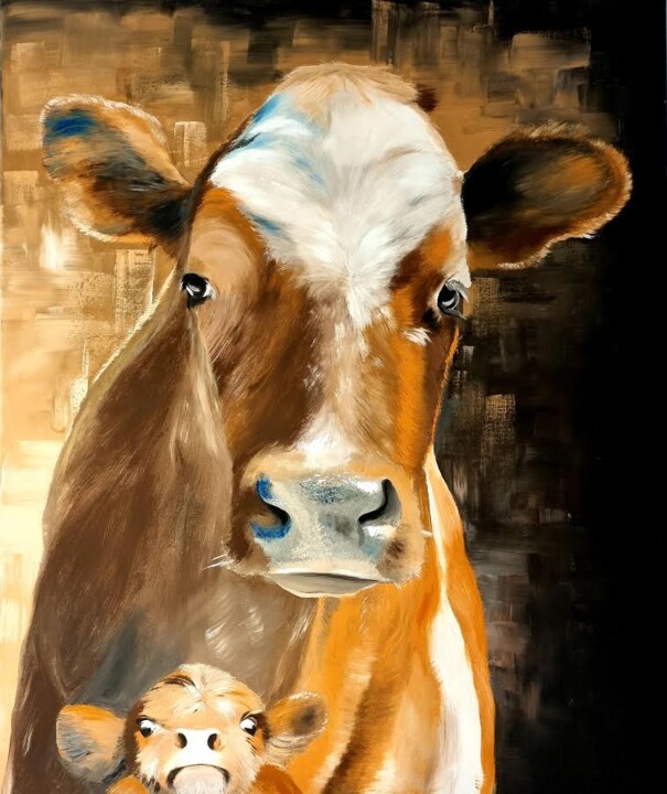 Schilderij getiteld "krowy" door Bożena Sieczyńska, Origineel Kunstwerk, Acryl Gemonteerd op Frame voor houten brancard