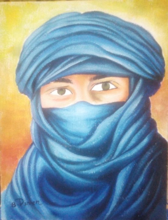 Painting titled "Homme du Sahara" by Brahim Damen, Original Artwork, Fabric