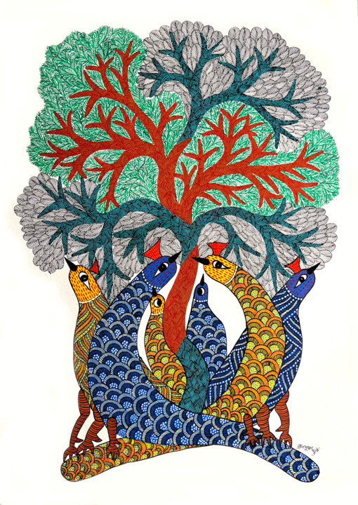 Картина под названием "Tree Of Life 15" - Braj Bhusan Dhurvey, Подлинное произведение искусства, Акрил