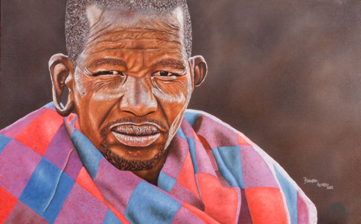 Painting titled "Maasai old man" by Brandon Alfredo, Original Artwork