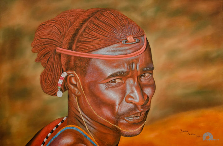 Painting titled "Maasai man" by Brandon Alfredo, Original Artwork, Oil