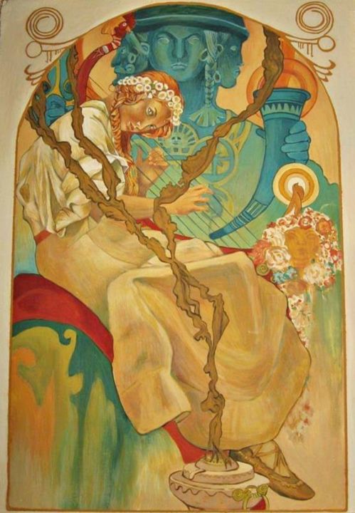 Painting titled "Woman and a harp" by Branislava Grubjesic Pantelic, Original Art, Tempera