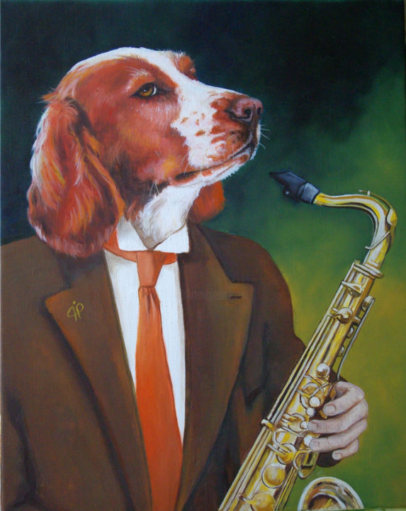 Painting titled "Le saxophone" by Brataine, Original Artwork, Oil