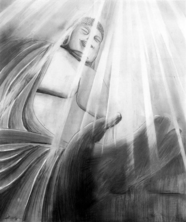 Drawing titled "Bouddha" by Michael Vizzini, Original Artwork, Pencil