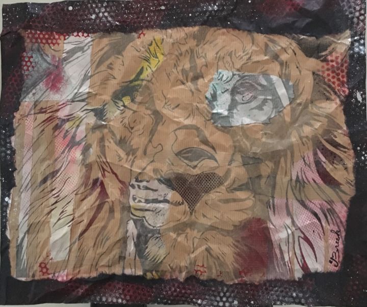 Collages intitolato "LION - Kraft froissé" da Breek Kuntz, Opera d'arte originale, Ritagli