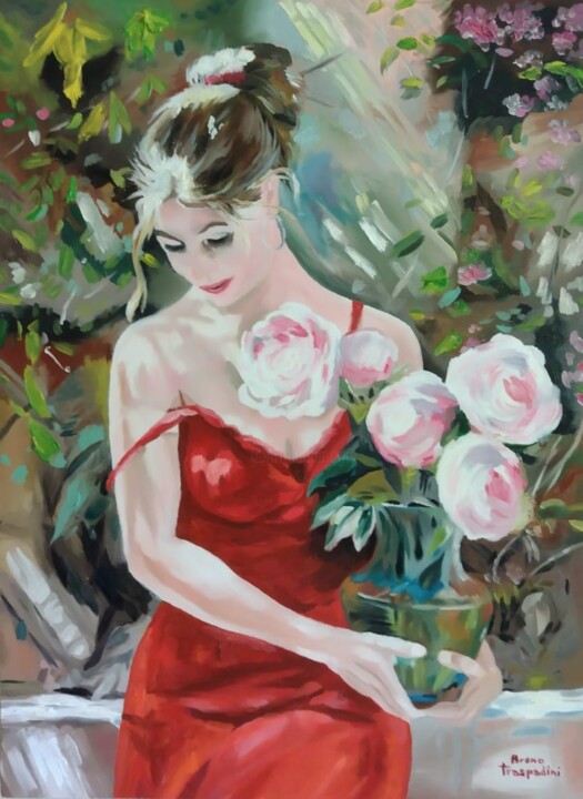 Painting titled "Com Jarro de Flores…" by Breno Chieppe Traspadini, Original Artwork, Oil Mounted on Wood Stretcher frame
