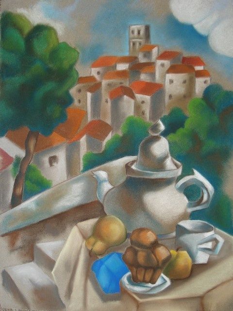 Painting titled "Tea time, pastel" by Catherine Bres-Rhocanges, Original Artwork, Oil