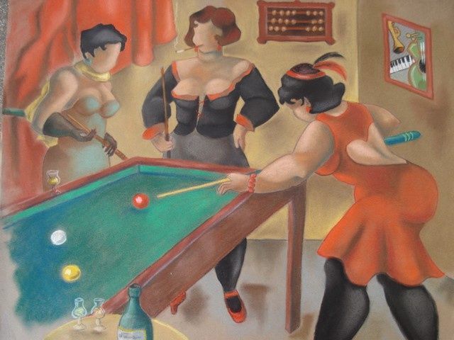 Painting titled "Au billard" by Catherine Bres-Rhocanges, Original Artwork, Oil