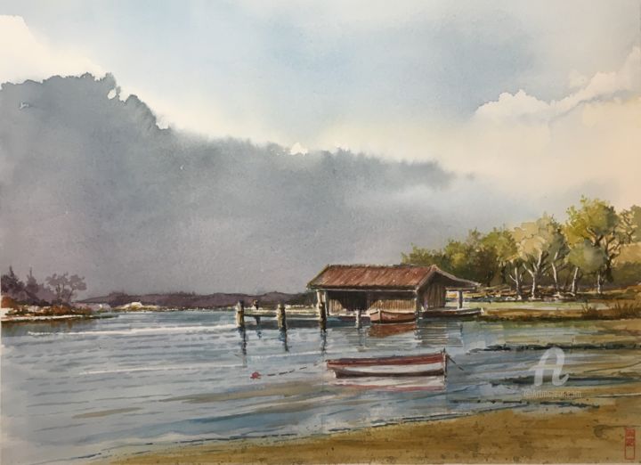 Peinture intitulée "Bassin Arcachon lac…" par Hugues Bret, Œuvre d'art originale, Aquarelle Monté sur Carton
